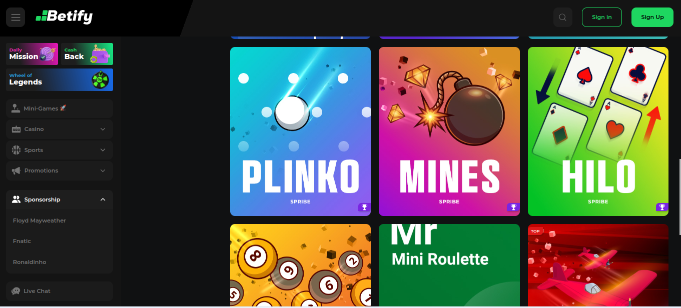 Mini-jeux Betify avis : Plinko, Mines et Hilo dans la section casino, jeu d'argent et bonus gratuit