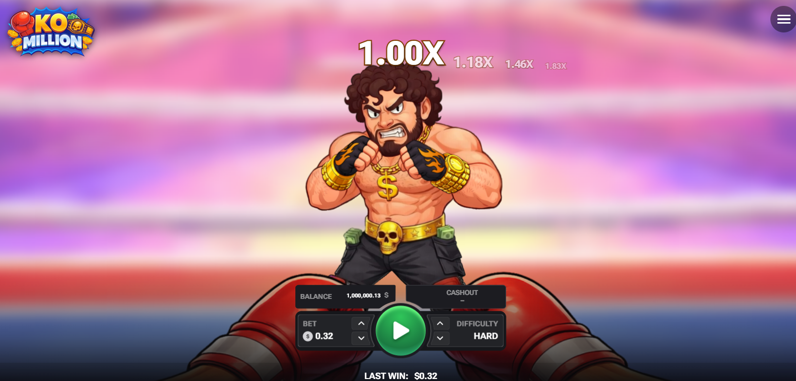 KO Million avis démo gratuit casino jeu d'argent : boxeur sur le ring et multiplicateur en cours