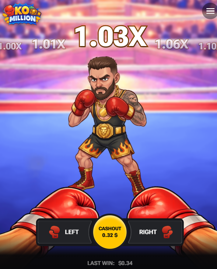 KO Million app jeu français inscription : boutons Left, Right et Cashout en vue mobile verticale