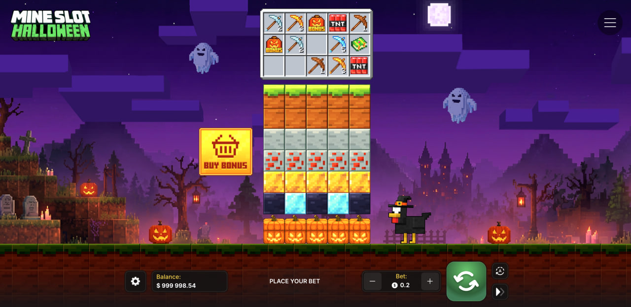 Mine Slot Halloween avis démo gratuite casino jeu d'argent : colonnes de blocs, pioches et citrouilles à l'écran