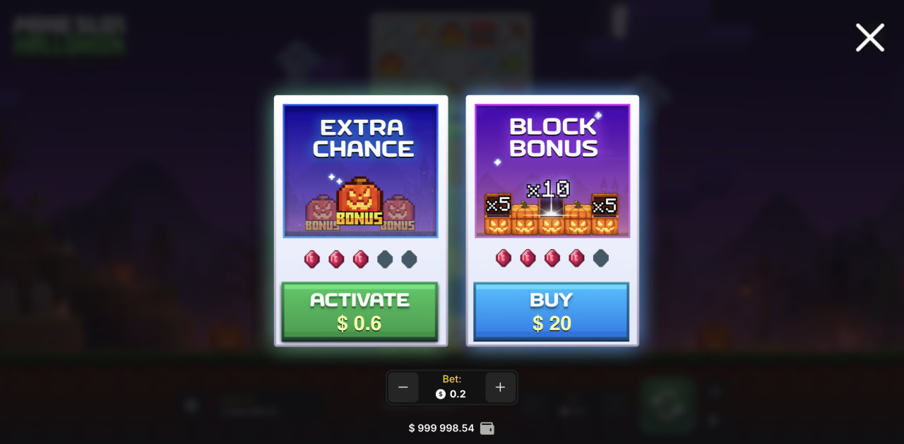 Mine Slot Halloween demo arnaque bonus code promo argent : fenêtre Extra Chance et Block Bonus sur ordinateur