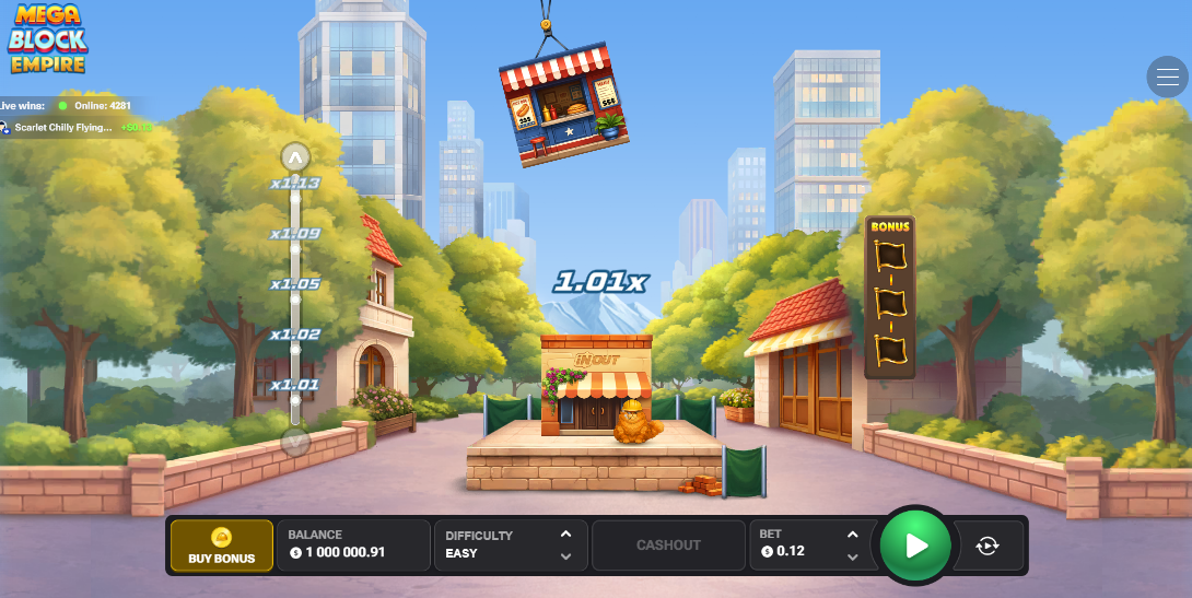 MegaBlock Empire avis démo gratuite casino jeu d'argent : grue et multiplicateur pendant la construction