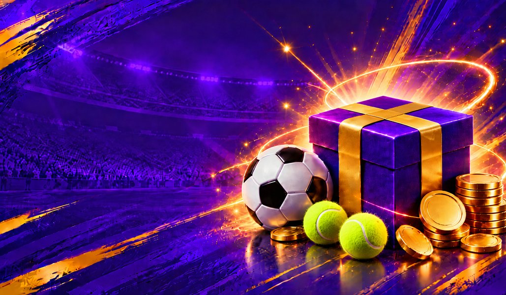 Just4win inscription et bonus sport et casino, argent réel ou démo : coffret cadeau avec ballons de foot et de tennis et pièces