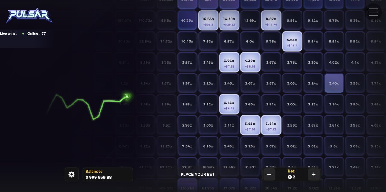 Pulsar jeu gratuit démo avis : sept mises simultanées avec coefficients verrouillés et gains potentiels