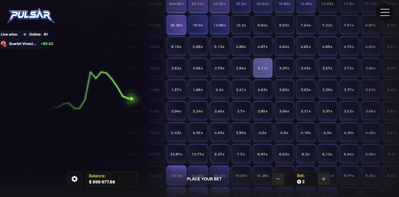 Pulsar avis démo : grille de cases violettes avec coefficients et trajectoire verte, jeu de casino